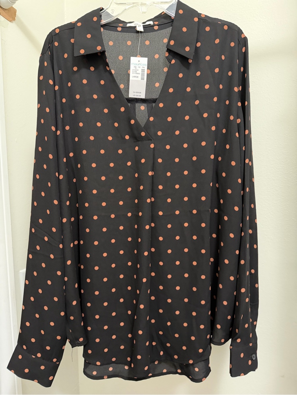 Maurices Black Button-Down Shirt with Rust Polka Dots